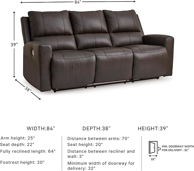 Signature Design by Ashley Boxmere Modern Leather Match Power Reclining Sofa with USB Ports, Dark Brown
