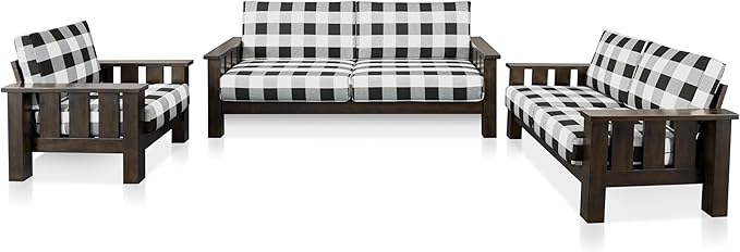 Furniture of America Gavik Modern 3-Piece Solid Wood Sofa Set with Plaid Removable Cushions, Black and White Upholstery Fabric, Arm Chair, Comfortable Couch and Loveseat for Living Room, Dark Walnut
