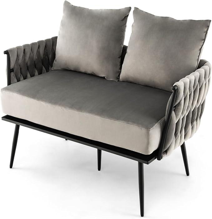 KOMFOTT 43” Loveseat Sofa, Modern Upholstered 2-Seat Sofa with 2 Back Pillows, Woven Backrest & Armrest, Mid Century Modern Dutch Velvet Sofa for Living Room Bedroom Apartment (Gray)