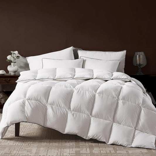 Goose Feather Down Fiber Comforter California King Size, Fluffy Cotton Quilted White Duvet Insert, Ultra-Soft, Breathable, Luxury Bedding Comforter All Season with Corner Tabs, 104x 96Inch