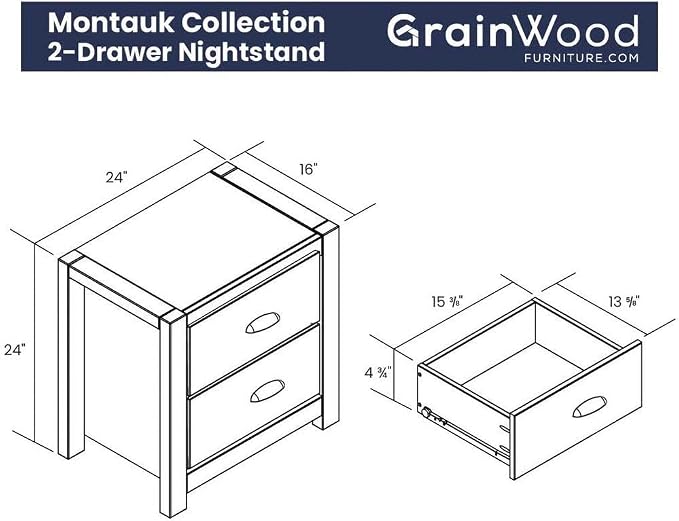 Grain Wood Furniture Montauk 2-Drawer Bedside Nightstand, Solid Wood with Rustic Walnut Finish - Image 3