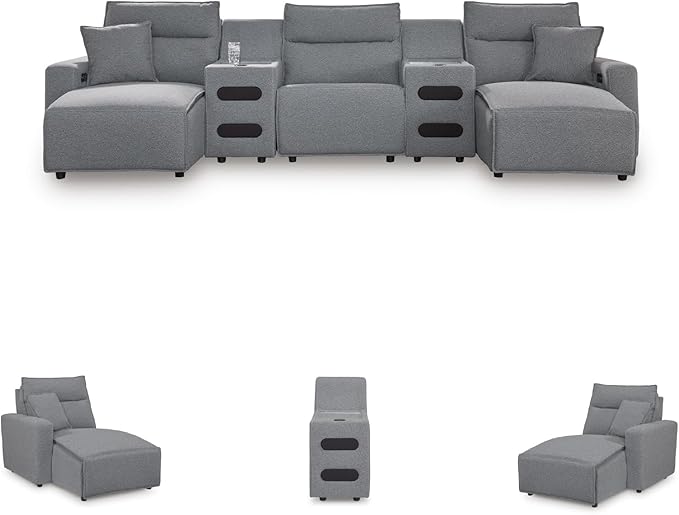 Signature Design by Ashley Modern ModMax II Stain Resistant U-Shape Symmetrical 5-Piece Power Reclining Sectional with Chaise, Built-in Audio Console and Adjustable Headrest, Gray
