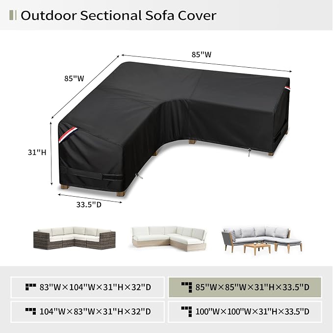 KylinLucky Patio Sectional Sofa Cover V-Shaped 85"x85", Heavy Duty Waterproof Outdoor Corner Couch Cover, All-Weather Protection for Conversation Set, Black - Image 2
