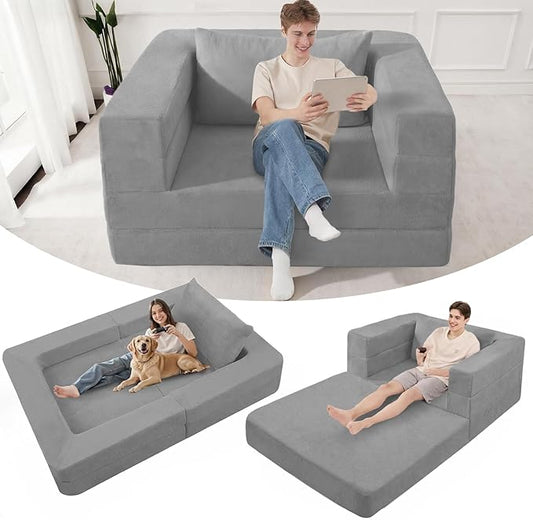 Futon Sofa Bed with Pillow, 3-in-1 Sleeper Sofa Bed with Removable Cover, Convertible Floor Sofa Bed, No Assembly Boneless Couch for Living Room, Bedroom