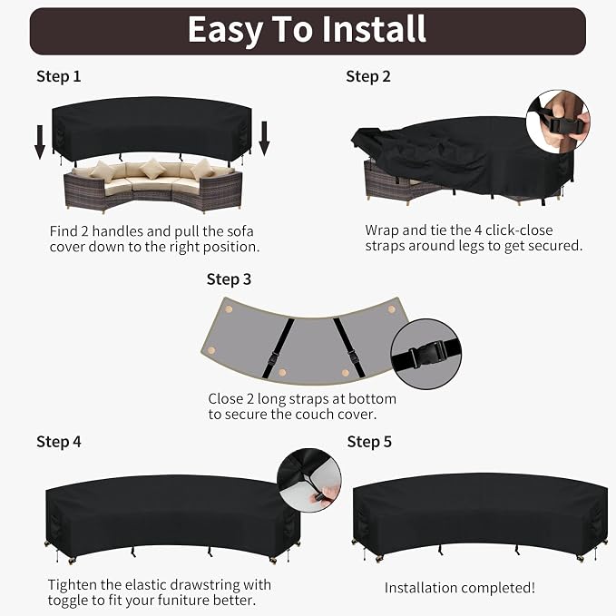 PureFit Outdoor Sectional Sofa Cover Waterproof Curved Patio Furniture Covers for Deck, Lawn and Backyard, 150Lx36Dx38Hx112FL, Black - Image 7