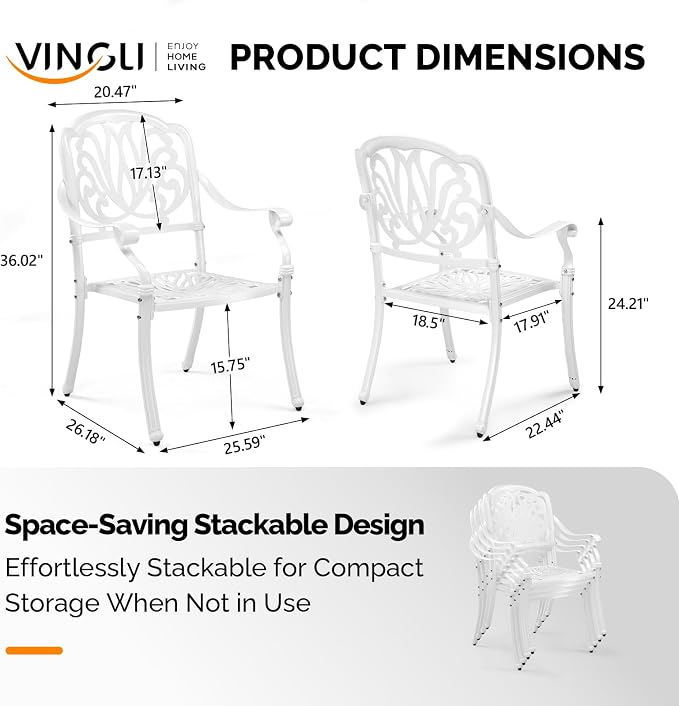 VINGLI Patio Chairs Set of 2 - Stackable Outdoor Cast Aluminum Dining Chairs with Vintage White Finish and Floral Pattern, Metal Armchairs for Poolside, Backyard, Balcony (No Cushion) - Image 3