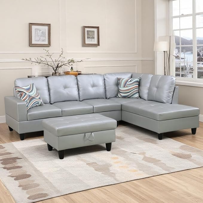 NicBex Modular L-Shaped Sectional Couches, 3-Piece Convertible Couch with Storage Ottoman, 4-Seat Comfy Sofa with Chaise for Living Room & Apartment, Silver