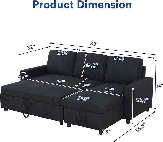 Rovibek 83" Convertible Sofa Bed Couch with Storage - 4 in 1 L Shaped Sofa with Pull Out Couch Bed for Living Room, Apartment, Office, Small Spaces, Jet Black