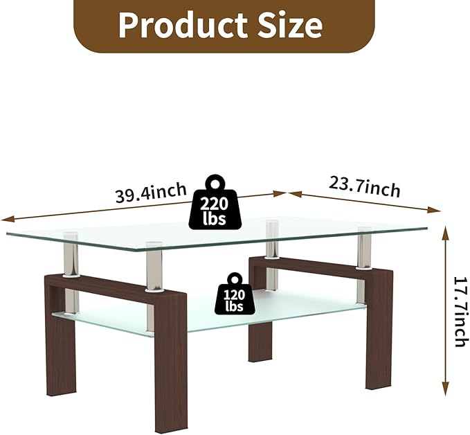 39.4'' Rectangle Glass Coffee Table, Brown Coffee Table with Tempered Glass & Metal Legs, 2-Tier Modern Center Table with Storage Shelf, Clear Glass Coffee Tables for Living Room, Apartment, Office