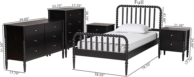 Baxton Studio Lucera Bobbin Wood Bedroom Set, 5-Piece, Full, Black