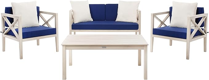 Safavieh PAT7031A Collection Nunzio Teak and White and Navy 4 Pc Accent Pillows Outdoor Set
