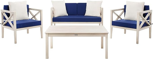 Safavieh PAT7031A Collection Nunzio Teak and White and Navy 4 Pc Accent Pillows Outdoor Set