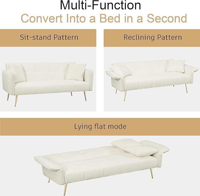 70 inch Upholstered Teddy Fleece Sofabed with Adjustable Arms and Backrest,Modern Convertible Futon Couch W/Metal Legs & Pillows,Love Sofa for Living Room,Bedroom,Apartment,Beige, 70"