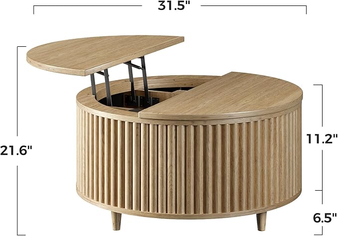 Evermagin 31.5'' Walnut Round Coffee Table, Fluted Lift Top Coffee Table with Large Storage, Mid Century Modern Small Center Table for Living Room