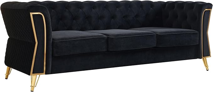 KEIKI 87" Chesterfield Velvet Button Tufted Sofa with High Density Foam Cushions, Modern Style 3-Seater Couch with Gold Strip Trim Decoration, Easy Assembly, for Apartment, Living Room, Office, Black