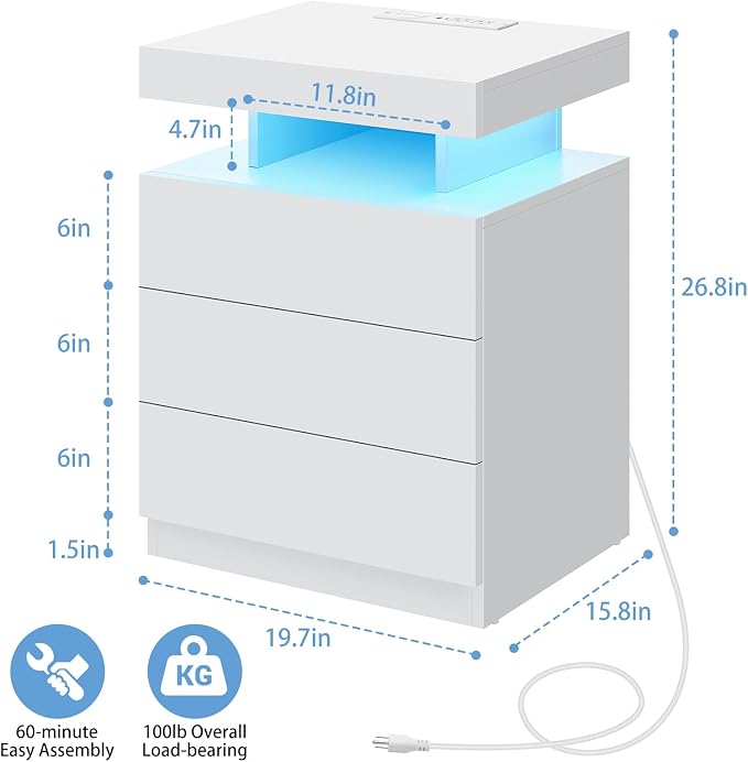 HOMMPA Nightstand with Charging Station and LED Light, Smart Nightstand with USB Port & Wireless Charging, Modern Night Stand with 3 Drawer, White Beside Table with High Gloss Surface for Bedroom - Image 2