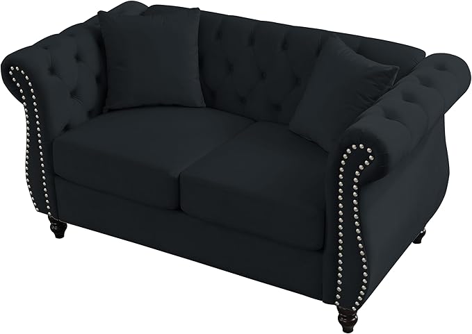 KEIKI Chesterfield Sofa, Retro Style Upholstered 2 Seater Velvet Couch with Rolled Arm for Living Room Bedroom Office Apartment, Black