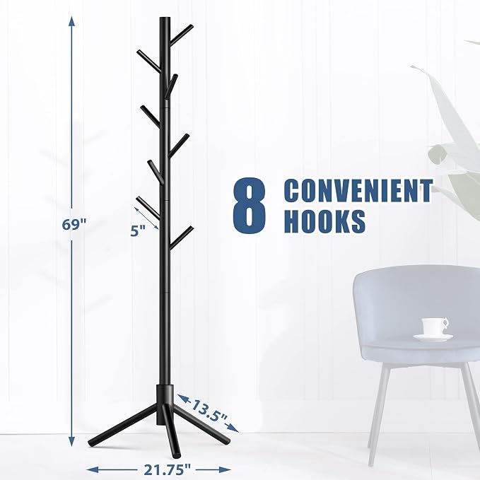 Haddockway Wooden Coat Rack Stand with 8 Hooks New Zealand Pine 3 Adjustable Coat Standing Tree Easy Assembly for Coats, Hats, Scarves and Handbags for Entryway, Hallway, Bedroom, Office,2 PCS - Image 2