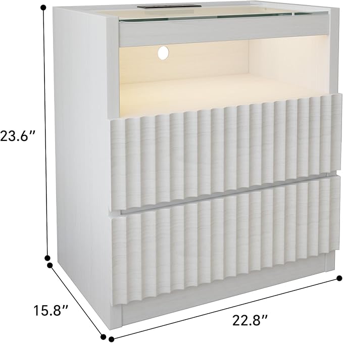 NightStand with Charging Station,with LED Lights and Tempered Glass Panel,Modern Bedside Tablewith 2 Fluted Drawers and Open Shelf,Hidden Handles End Table,Bedroom of Nightstand(White Oak) - Image 2