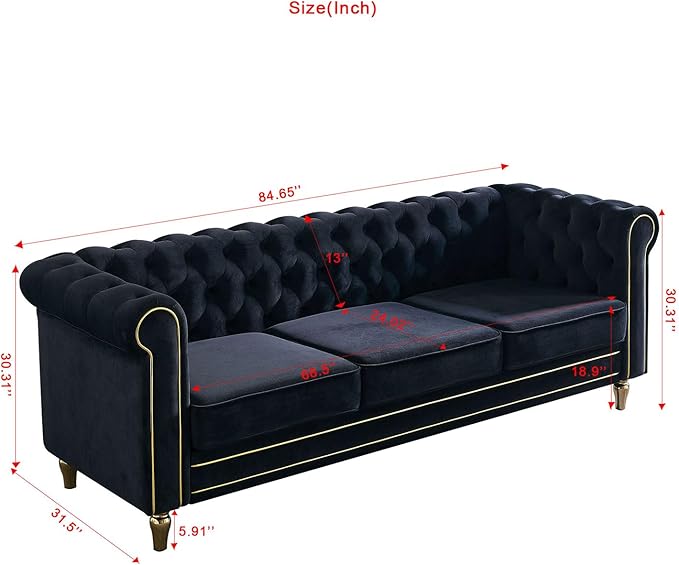 KEIKI 85" Chesterfield Velvet Tufted Button Sofa with Deep Seat Cushions and Rolled Arms, Modern Style 3-Seater Couch Decorated with Gold Strip, Easy Assembly, for Living Room, Bedroom, Office, Black