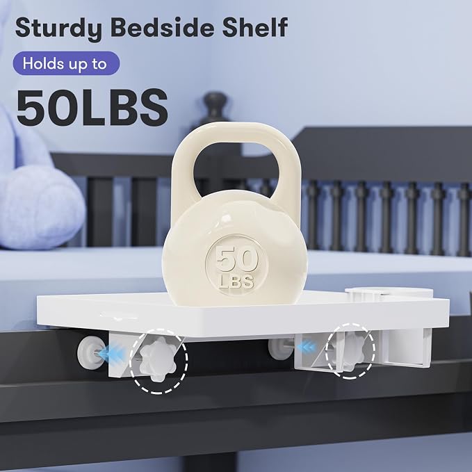 Bedside Shelf for Top Bunk Bed, Bedroom Dorm Room Essential Nightstand for College Student, White Bunk Bed Tray Table with 50LBS Capacity, BedShelf with Cup Holder (Material & Clamping Screw Updated) - Image 3