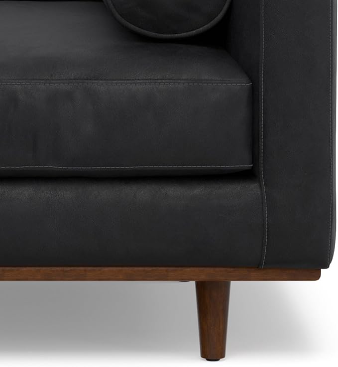 SIMPLIHOME Morrison Arm Chair - 42 inch Wide Upholstered Genuine Leather Mid-Century Modern Accent Chair in Lead Black with Solid Wood Legs, Reversible Bolster Pillows and Reclined Back
