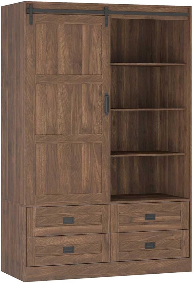 Armoire Wardrobe Closet with Sliding barn Door，Wardrobe Cabinet with 4 Storage Drawers and Hanging Rail,Freestanding Wooden Closet for Bedroom(Brown)