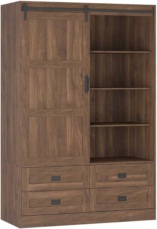 Armoire Wardrobe Closet with Sliding barn Door，Wardrobe Cabinet with 4 Storage Drawers and Hanging Rail,Freestanding Wooden Closet for Bedroom(Brown)