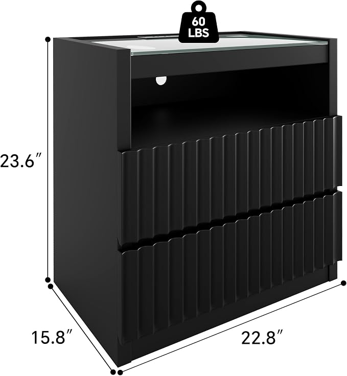 NightStand Set of 2 with Charging Station,with LED Lights and Tempered Glass Panel,Modern Bedside Tablewith 2 Fluted Drawers and Open Shelf,Hidden Handles End Table,Bedroom of Nightstand(Black) - Image 2