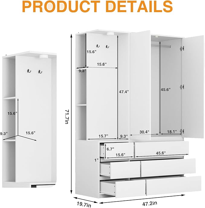 72'' Armoire Wardrobe Closet with Mirror Door & LED Lighting, Large Freestanding Modern Wooden 2 Doors Closet with 6 Drawers & 3 Storage Shelves & Hanging Rod & 2 Hooks for Bedroom (White)