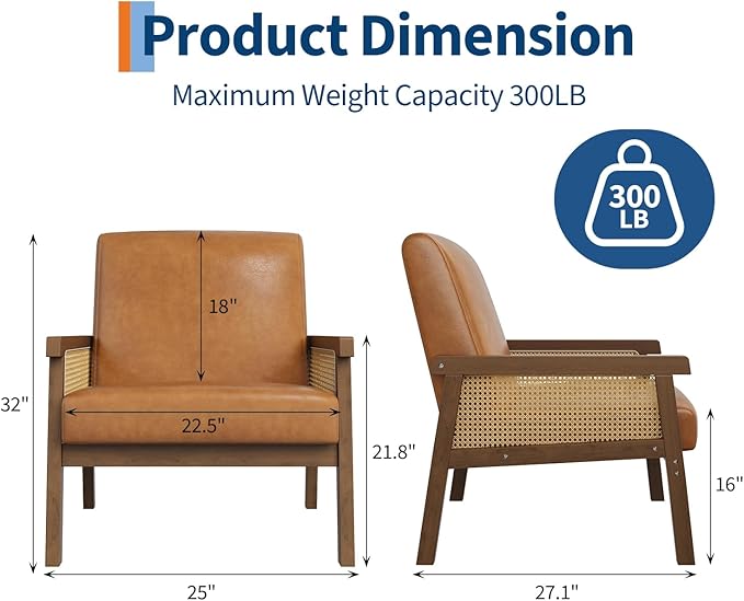 IDEALHOUSE Rattan Accent Chair, PU Leather Armchair, Upholstered Reading Chair with Wooden Frame and High Back, Leisure Chairs for Living Room Bedroom Waiting Room Reception, Brown