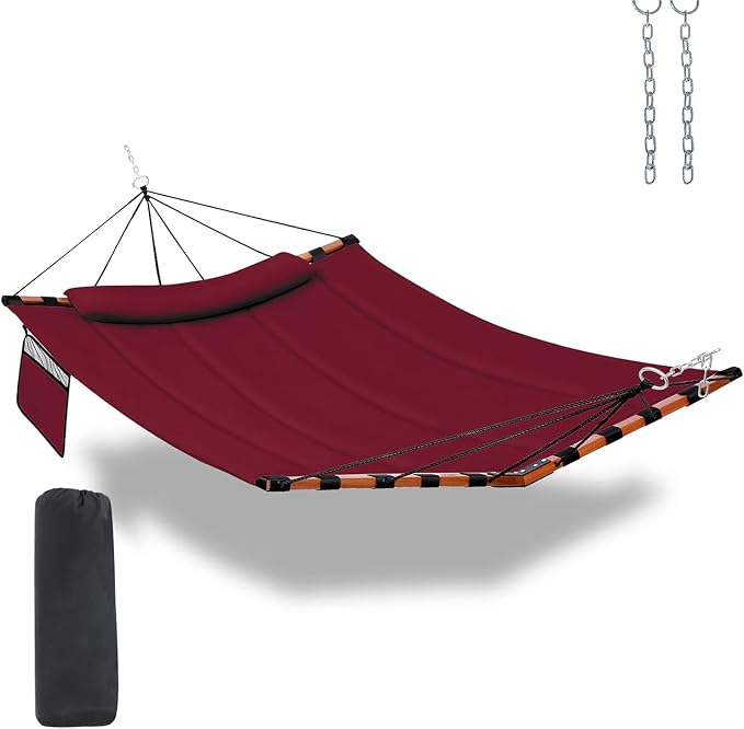 TegerDeger 12FT 2 Person Hammock Large Hammock 450LB Capacity Hardwood Spreader Bar & Nylon Rope for Outside, Patio, Garden, Backyard, Beach, Poolside - Red by Tegerdeger