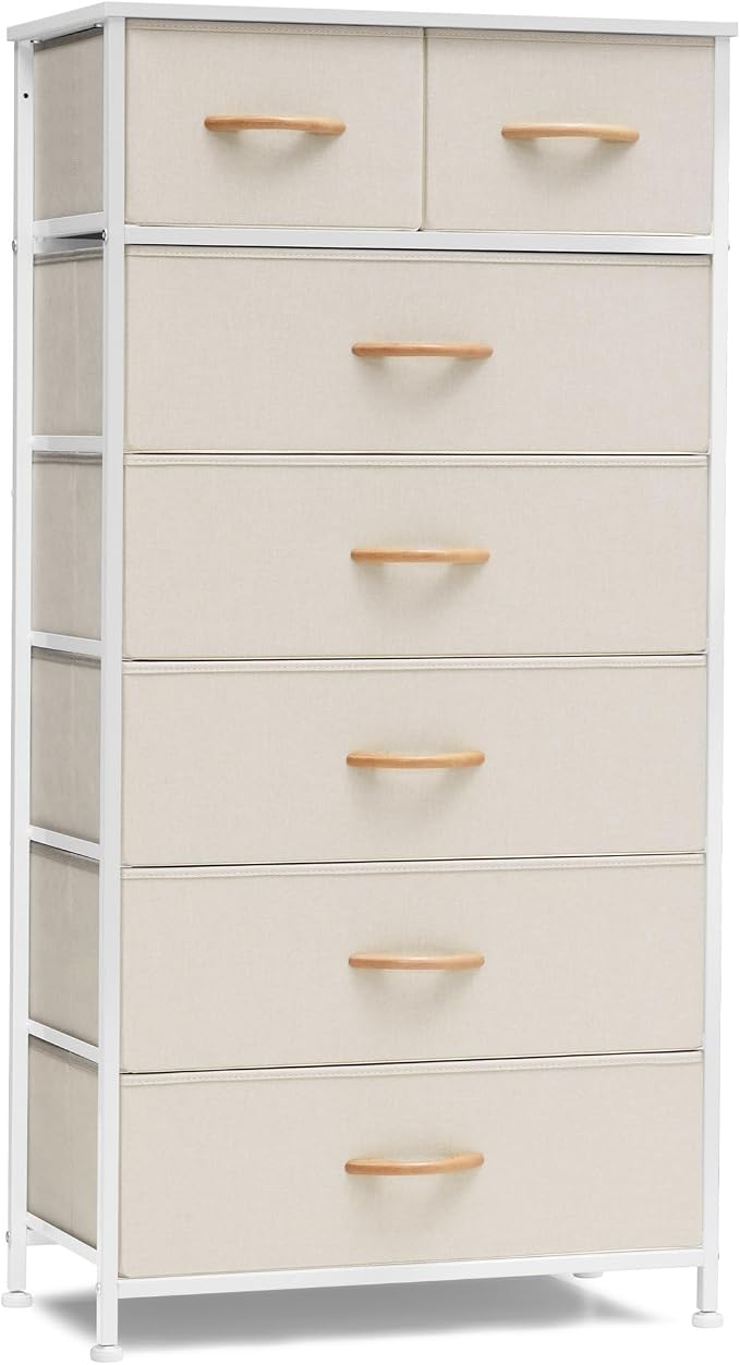 Crestlive Products Vertical Dresser Storage Tower - Sturdy Steel Frame, Wood Top, Easy Pull Fabric Bins, Wood Handles - Organizer Unit for Bedroom, Hallway, Entryway, Closets - 7 Drawers (Beige) by CrestliveProducts