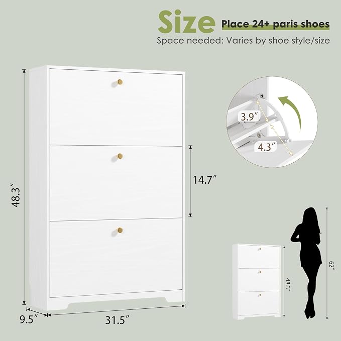 Nicetree Shoe Cabinet with 3 Flip Drawers, Narrow Shoe Organizer Cabinet, Freestanding Shoe Rack Cabinet, Morden Shoe Storage Cabinet for Entryway, Hallway, Foryer, White - Image 2