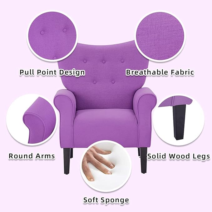 YOLENY Modern Accent Chair,High Back Armchair,Upholstered Fabric Button Single Sofa with Wooden Legs for Living Room, Bedroom, Club, Purple