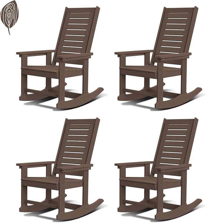 GREENVINES Outdoor Rocking Chairs | Set of 4 | Porch Rocker | HDPE Plastic | Wood Grain | Oversized Rockers | High Back | Big & Tall | Ladder Back | Dark Brown | for Patio Outside by GreenVines