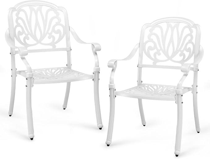 VINGLI Patio Chairs Set of 2 - Stackable Outdoor Cast Aluminum Dining Chairs with Vintage White Finish and Floral Pattern, Metal Armchairs for Poolside, Backyard, Balcony (No Cushion) by VINGLI