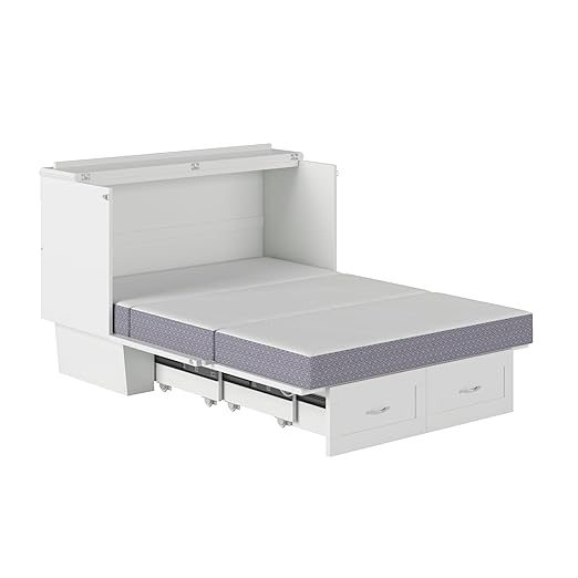 AFI, Chelsea Mid-Century Modern Full Wood Murphy Bed Chest with 6" Mattress, Storage Drawer & Built-in USB Charger, White