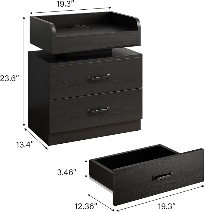 4ever2buy Black Night Stand with LED Lights and Charging Station Modern Bedside Table with Storage Drawers End Table for Bedroom - Image 2