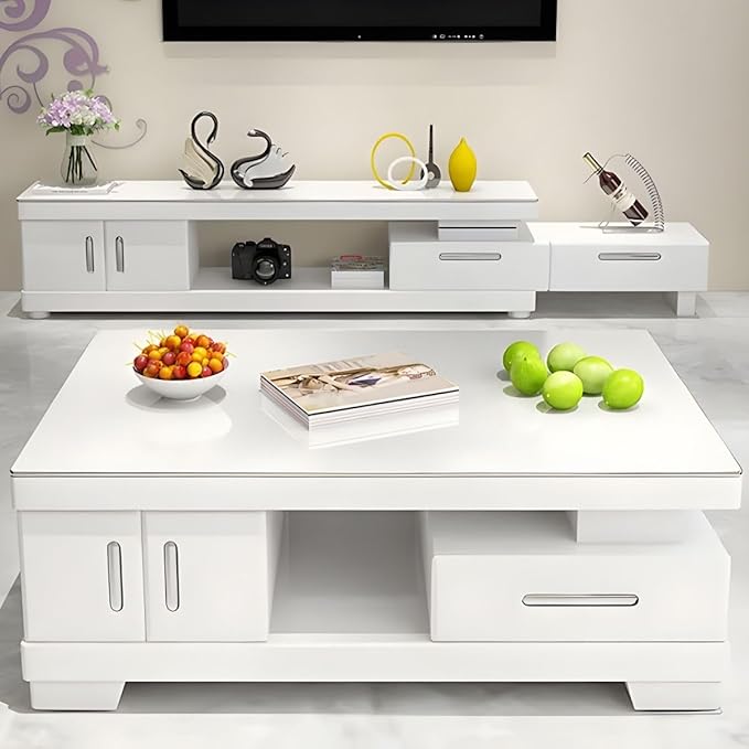 RUNNUP RUNNUPModern Rectangular Glass Coffee Table with White Wood Base and Storage 2-Tier Coffee Table Accent Center Sofa Table for Living Room, White 51" L x 28" W x 16.5" H