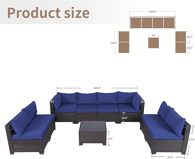 CHABATREE 9 Pieces Outdoor Patio Furniture Sets,Rattan Conversation Sectional Set,Manual Weaving Wicker Patio Sofa with Tea Table