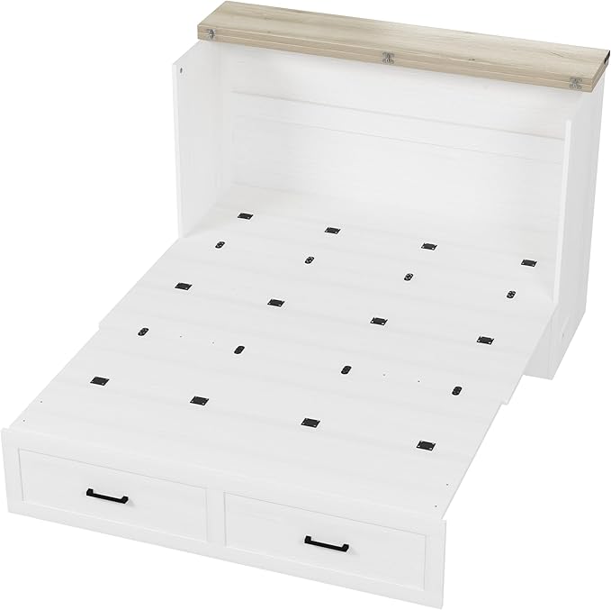 Bellemave Queen Size Murphy Bed, Cabinet Bed with Charging Station and Storage, Farmhouse Murphy Cabinet with Foldable Panel, Noisy Free, for Guest Bedroom, Living Room, Office, White