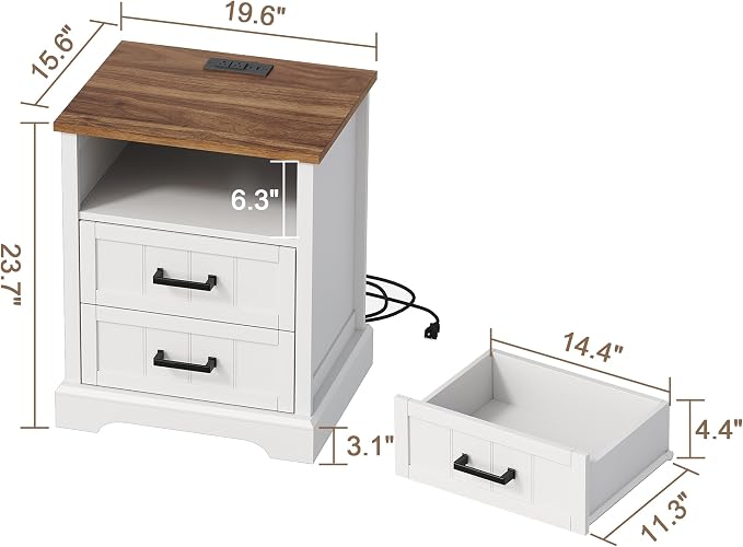 ChooChoo Farmhouse Night Stands with Charging Station, Wood Nightstand Set of 2 with 2 Drawers, Bedside Table with Open Storage Shelf for Bedroom, White - Image 3