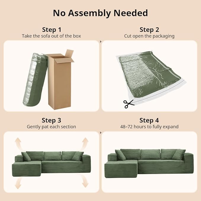 COMHOMA 105”Modular Sectional Sofa with Deep Seat,Cloud Upholstered L-Shape Couch Wide Arms Corduroy Fabric High-Density Foam Chaise Lounge for Living Room No Assembly Required