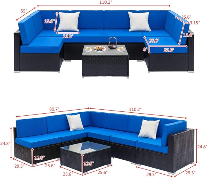 Outvita Outdoor Patio Conversation Sets, 7 Pieces PE Rattan Sofa Wicker Patio Furniture Sets with Washable Cushions Outdoor Indoor Use Backyard Porch Garden Poolside