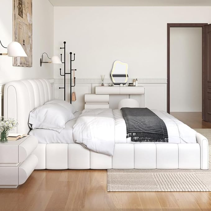 homary 2-Piece Bedroom Furniture Set, King Size Faux Leather Platform Bed Frame with Wingback Headboard and White Vanity Set with LED Mirror & Stool, Modern Bedroom Set for Women and Couples