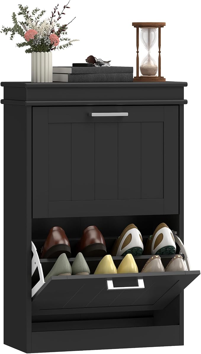 HOMCOM Narrow Shoe Cabinet with 2 Flip Drawers, Modern Freestanding Shoe Storage Cabinet with Adjustable Shelves for Entryway, Hallway, Black by HOMCOM
