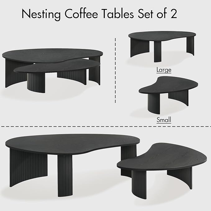 2-Piece Irregular Mango Nesting Coffee Table Set, Black Solid Wood Coffee Tables with Fluted Legs, Modern Minimalist Accent Tables for Living Room, Bedroom & Small Apartments