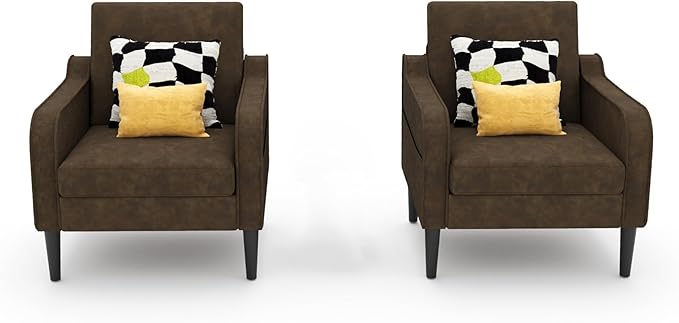 Ribilake Brown Accent Chair Set of 2 - Upholstered Armchair with Side Pockets, Comfy Living Room Arm Chair, Faux Leather Reading Accent Chairs for Bedroom, Living Room, Apartment, Office