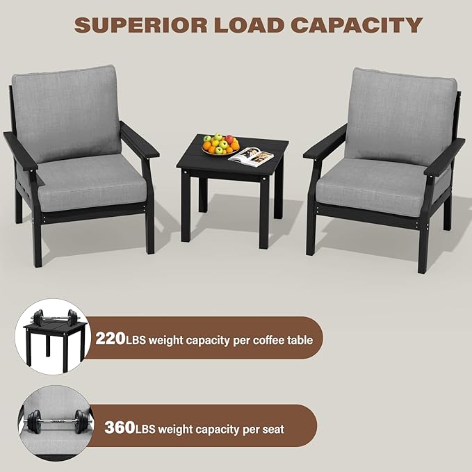 HDPE Patio Conversation Set, 3-Piece All Weather Outdoor Furniture Set with 2 Single Sofas for Deck, Lawn, with Cushion, Black